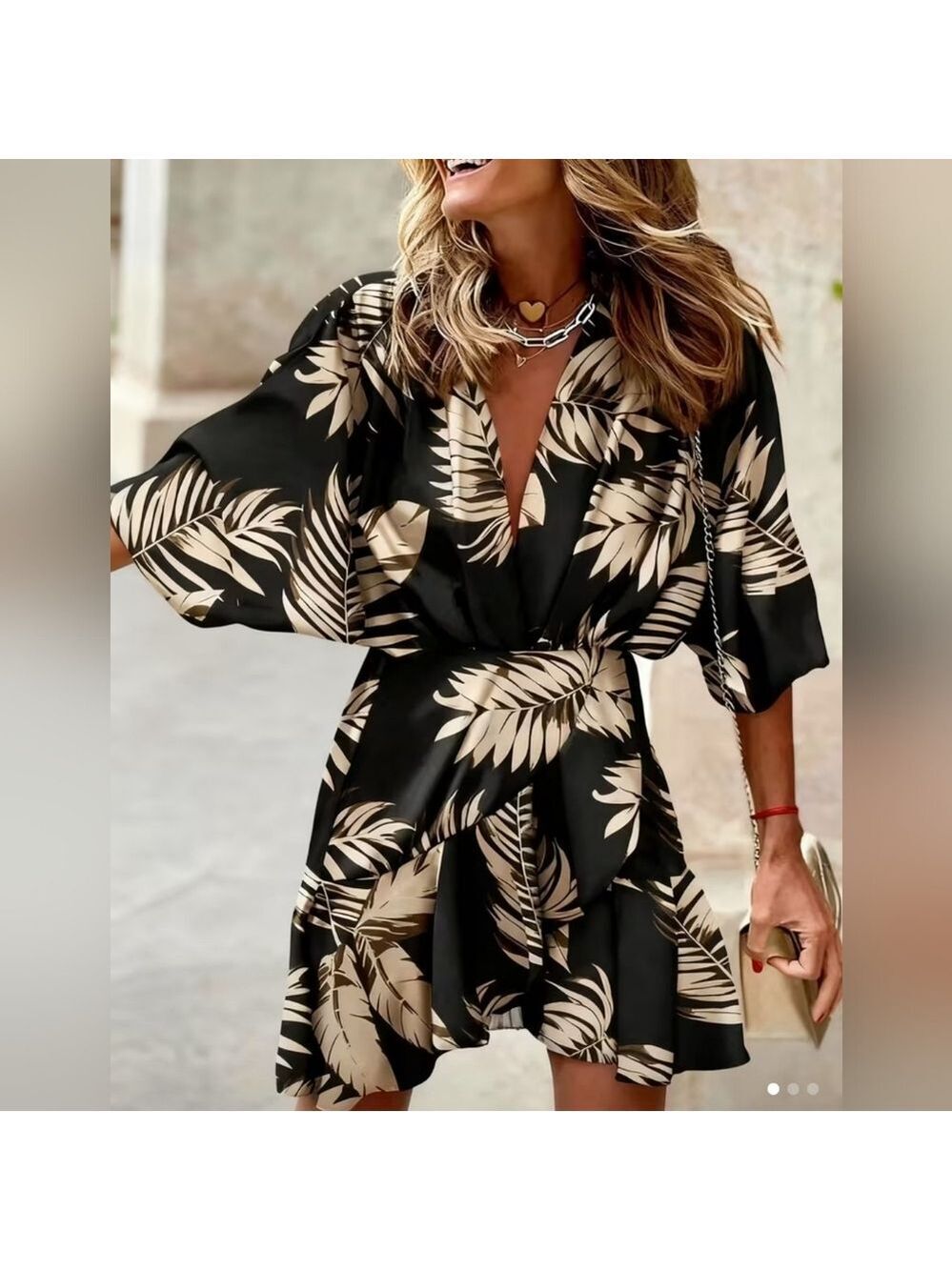 TRÏBE Tropical Palm Print Black & Beige V Neck Mini Dress Size XL